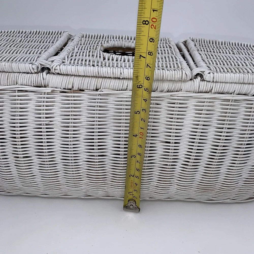 Vintage Handwoven Rattan Wicker 3 Part Tissue Basket White Storage Multipurpose